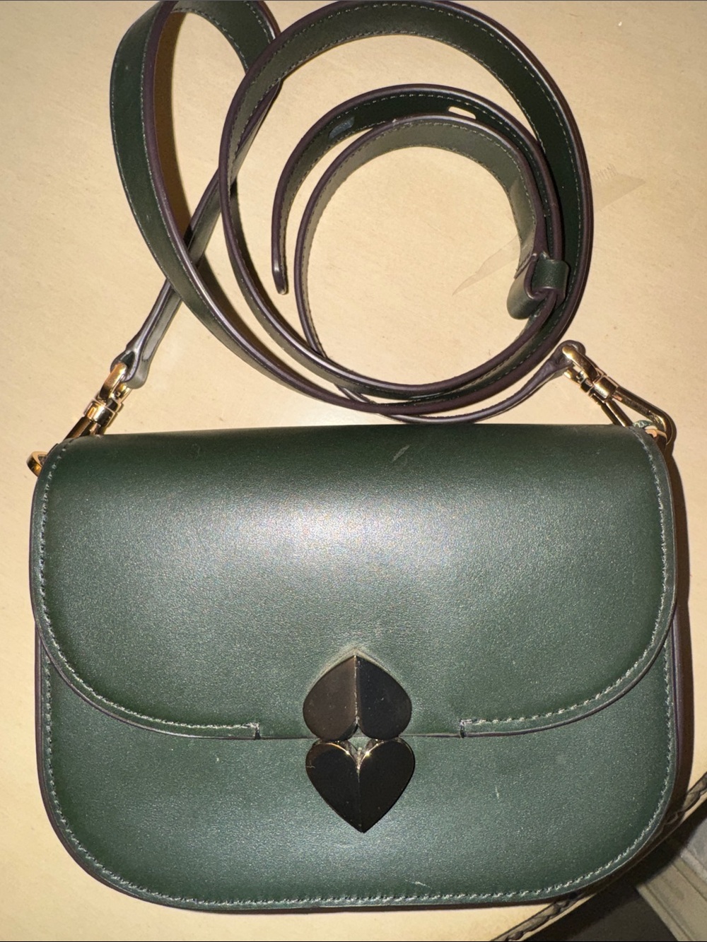 Dark Green Leather Crossbody Bag with Gold Heart Clasp